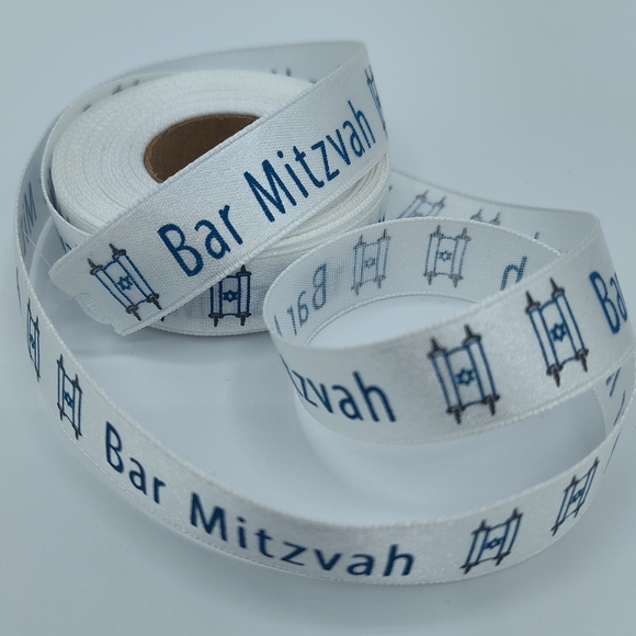 Bar Mitzvah Satin Ribbon 2 Yards White Blue Torah Gift Wrap 5/8” - Picture 2 of 4